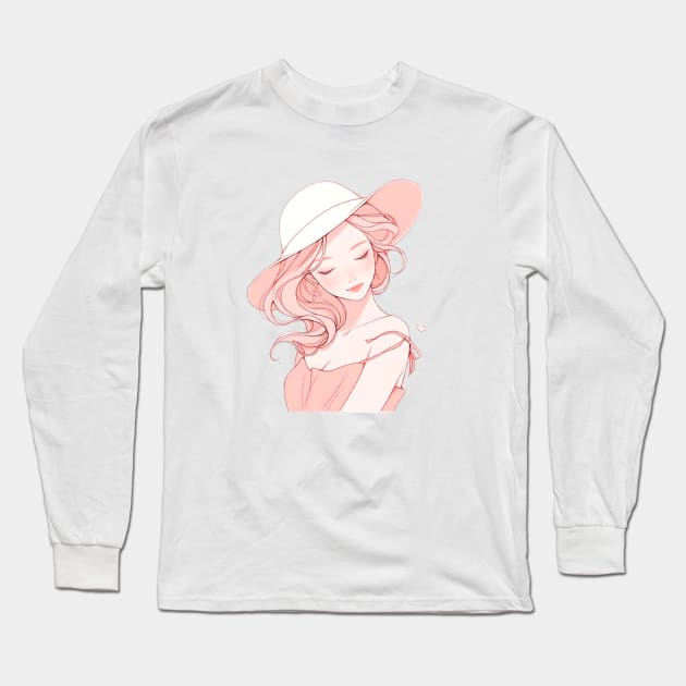 Minimalist line art pretty girl in pink Long Sleeve T-Shirt by girl with pride